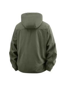 Rear view of a military green men's hooded windbreaker with elastic cuffs and multi-pockets