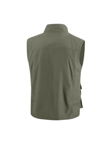 Rear view of an olive green outdoor fishing vest with multi-pocket design and quick-dry fabric