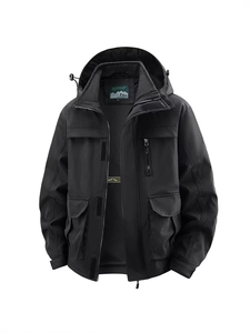 Men's black windproof tactical jacket with multi-pocket design and breathable mesh lining