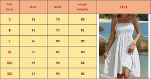 Size chart for bohemian polka dot mini dress showing bust, waist and length measurements
