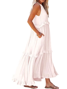 Detail view of pink bohemian tiered maxi dress featuring ruffle layers and side pockets