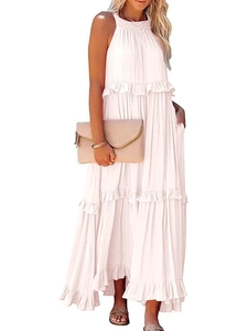 Detailed close-up of light pink tiered ruffle maxi dress with pleated halter neckline