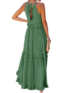 Detailed back view of grass green halter maxi dress with bow tie and tiered ruffles