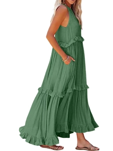 Detail of army green tiered maxi dress featuring ruffle hems and convenient side pockets