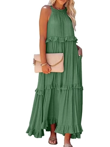 Detail view of the green tiered summer maxi dress with ruffled layers and side pockets
