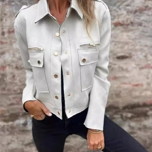 Women's cream faux suede cropped jacket with lapel collar and metal zippers in a casual style
