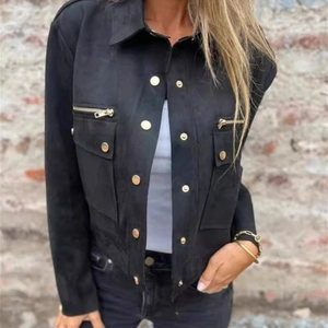 Women's black faux suede jacket with lapel collar and golden zipper pockets