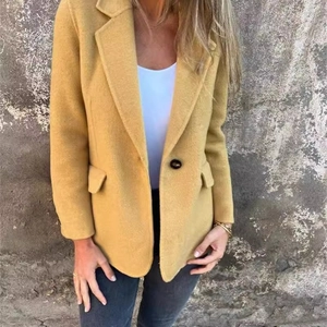 Women Elegant Woolen Blazer Jacket Single Button Notch Lapel Solid Color Casual Fall Winter Mid Length Coat Outerwear