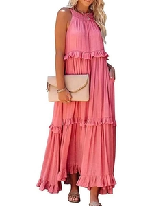 Detailed view of pink tiered ruffle maxi dress with handy side pockets for summer