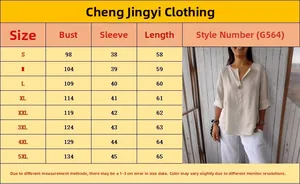 Size chart for women's V-neck cotton linen top with bust and sleeve measurements