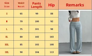 Size chart showing waist and hip measurements for striped Y2K flared women's pants