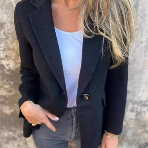 Slim fit black blazer jacket with single brown button and notched lapel for casual wear