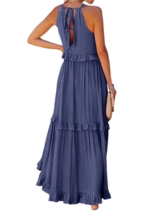 Detail of navy blue tiered maxi dress back with tie-up neck and ruffled layers