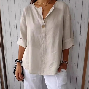 Women's V-neck cotton linen shirt in oatmeal beige with button detail and rolled sleeves