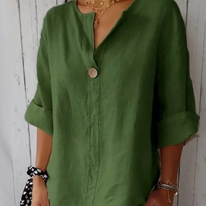 Women's army green V-neck linen cotton T-shirt with button detail and rolled sleeves