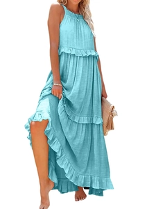 Detail view of light blue tiered camisole dress with layered ruffles and textured fabric