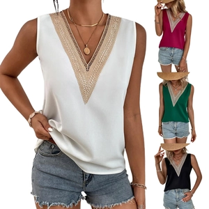 Women's V-neck sleeveless chiffon top with lace crochet trim in various elegant colors