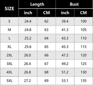 Size chart for casual short sleeve shirt showing bust and length measurements from S to 5XL