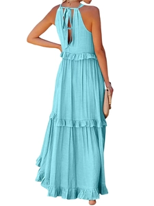 Detail of light blue tiered maxi dress back view with halter neck tie and ruffle hem
