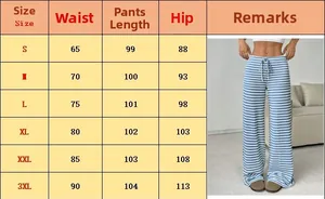 Size chart for casual plaid textured straight pants including waist and hip measurements
