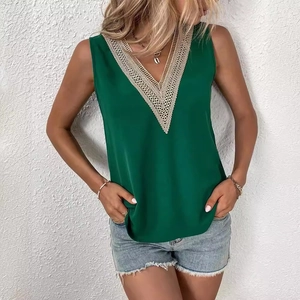 Deep green V-neck sleeveless blouse with delicate beige crochet lace trim details