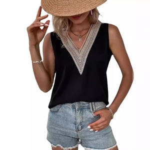 Women's V-neck sleeveless black chiffon blouse with white floral lace trim and loose fit