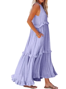 Detail view of light purple tiered summer maxi dress with layered ruffle hem and side pockets