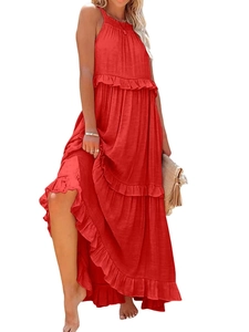 Detailed view of red tiered maxi dress featuring a high-waist ruffled bohemian design