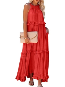 Detail of red tiered sleeveless maxi dress showing fabric texture and hidden side pockets