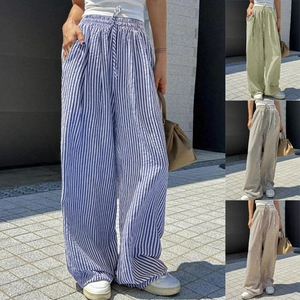 Women's high waist wide leg striped trousers with elastic drawstring and side pockets