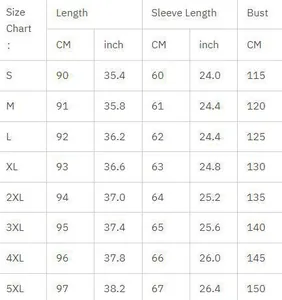 Detailed size chart for hooded jacket featuring measurements from S to 5XL in cm and inches