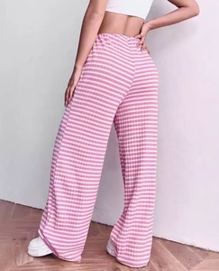 Back view of women's high waisted wide leg trousers in pink and white striped knit texture