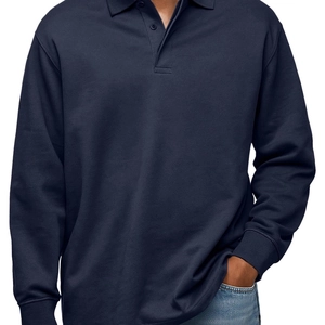 Polo à manches longues bleu marine pour homme avec poignets côtelés et col boutonné
