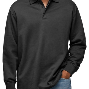 Polo classique à manches longues noir pour homme avec col à trois boutons et poignets côtelés