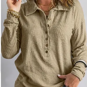 Women's waffle knit long sleeve polo shirt with classic collar and buttons in khaki color