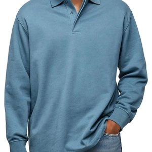 Polo à manches longues pour homme bleu brume avec col à revers et poignets côtelés