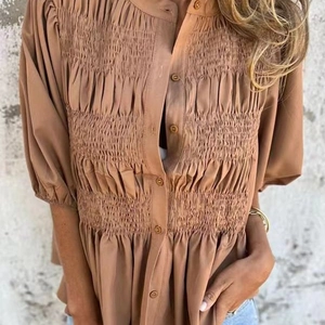 Smocked khaki blouse for women with puff sleeves and crew neck button detailing