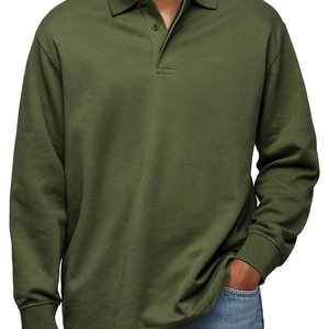 Polo à manches longues vert olive pour homme avec col boutonné et texture en coton lourd