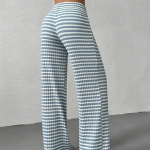 Women Striped High Waist Wide Leg Pants Y2K Casual Ribbed Knitted Trousers Slim Fit Flared Trousers Loose Long Pants Autumn