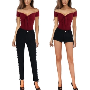 Slim fit burgundy off-shoulder top with bow detail and black lace-up trousers set