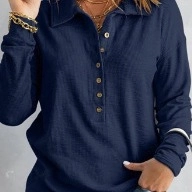 Navy blue waffle knit long sleeve henley shirt with wood buttons and ribbed cuffs