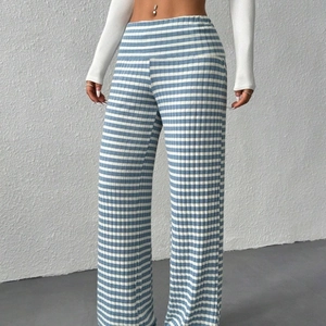 Women's blue and white striped high-waisted wide-leg knit pants in Y2K leisure style