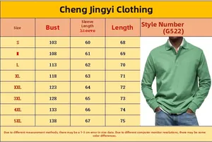 Detailed sizing chart for men's casual long sleeve white buttoned lapel shirt style G522