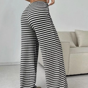 Women Casual High Waist Wide Leg Pants Striped Ribbed Knit Fabric Drawstring Loose Straight Trousers For Daily Home Wear