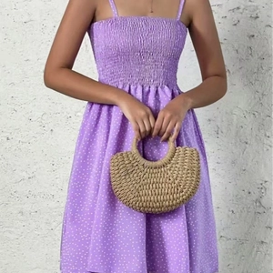 Bohemian purple polka dot strapless mini beach dress with smocked bodice and woven bag
