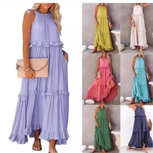 Summer halter sleeveless tiered maxi dress with ruffle layers in lavender and multi-colors
