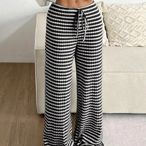 Women high waist black and white striped wide leg trousers with drawstring waist