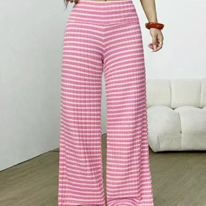 Pink and white striped knit wide-leg pants with high waist and casual loose fit