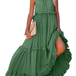 Deep green tiered sleeveless maxi dress with high slit and layered ruffles for women