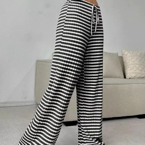 Women's casual black and white striped knit wide-leg trousers with drawstring waist